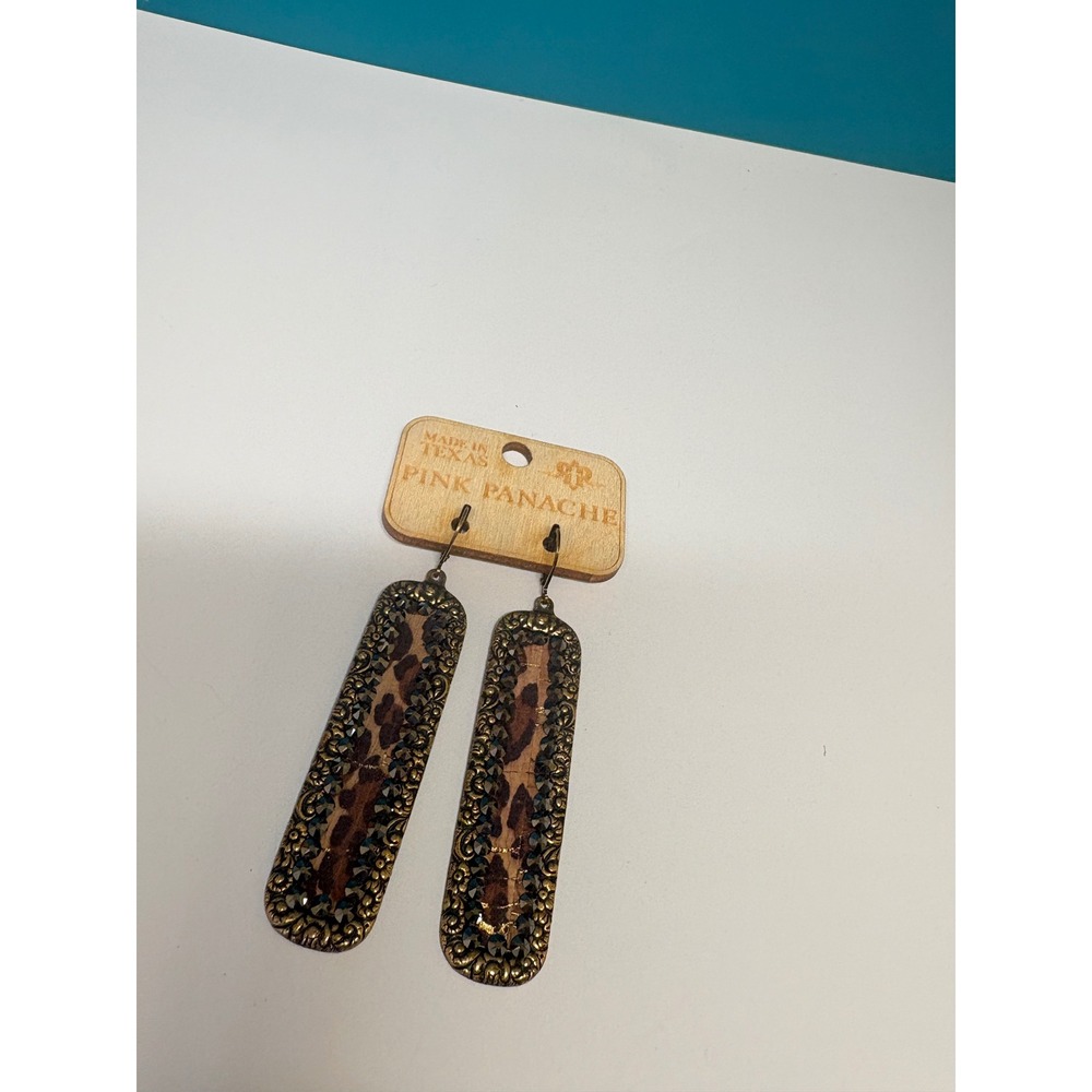 Pink Panache Leopard Pierced Cork Crystal Antique Brass Drop Earrings Made Texas